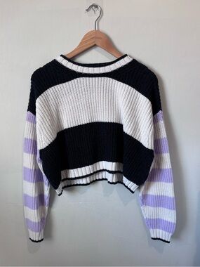 American Eagle Cropped Colorblock Striped Crew Neck Sweater | Size Medium